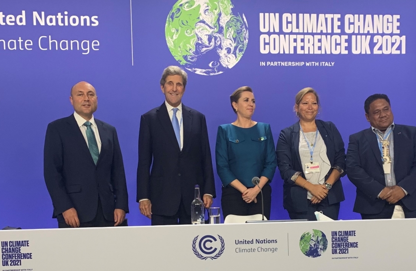 Photo of signing of the Declaration on Zero Emission Shipping at COP 26 (Left to right,  Andrew Griffith MP, John Kerry, Her Excellency Mette Frederiksen, Henriette Hallberg  Thygesen and Minister Bruce Bilimon