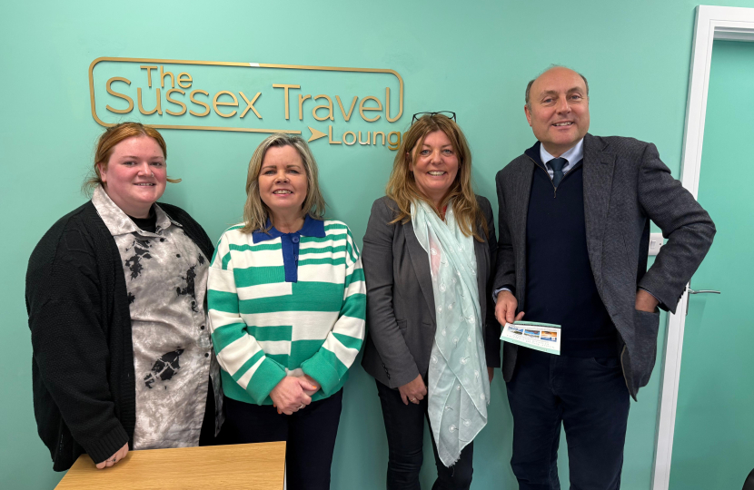 1.	Andrew with (L-R) Hannah Stoner, Edwina Coppock and Tanya Pace (owner) at The Sussex Travel Lounge in Storrington. 