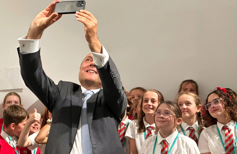 Andrew Griffith MP with pupils from Arundel C of E Primary School in the Education Centre at Houses of Parliament