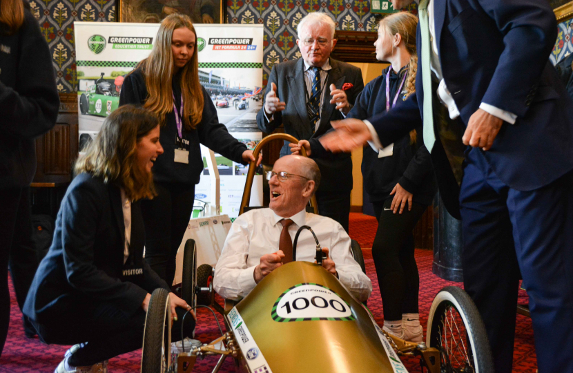 West Sussex MP Nick Gibb in  a Greenpower racing car