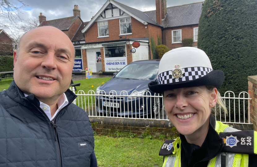 Pic: Andrew Griffith MP with PC Chrissy Romero at the traffic noise ‘hotspot’ of A272 in Wisborough Green, West Sussex.