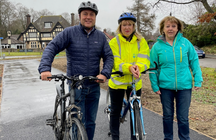 Andrew with Cllr Joy Dennis and Cllr Deborah Urquhart at beginning of new cyclepath in Findon Village 