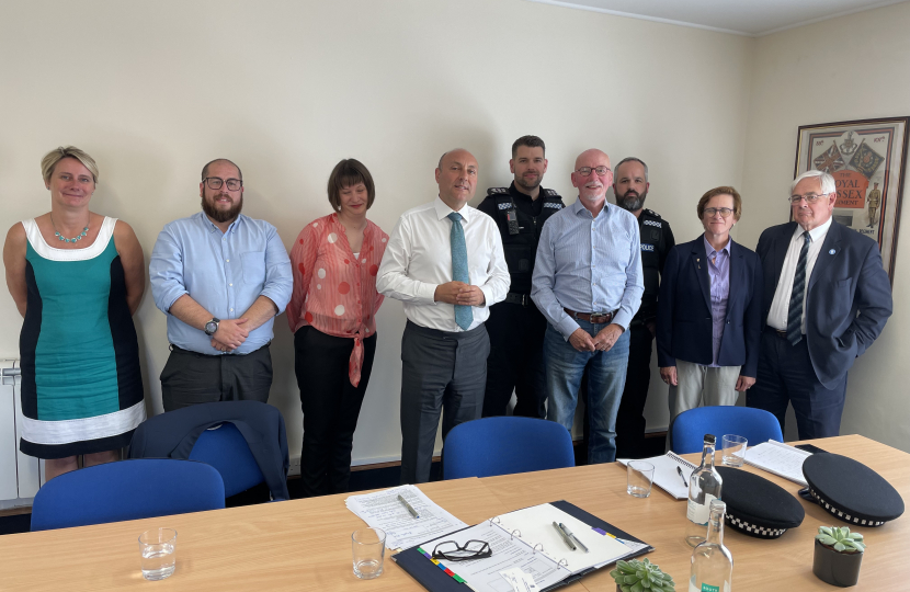 Andrew with the community meeting attendees, (L-R)  Carol Boniface - Teamleader for Pulborough Parish Neighbourhood Wardens, Gareth Liley and Lisa Clarke – Clarion Housing, Police Sergeant Brett Holden, Len Ellis-Brown, Inspector Neil Durkan, County Councillor Charlotte Kenyon, Parish and District Councillor Paul Clarke.