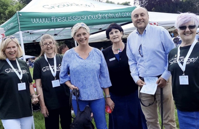 Photograph- from left: volunteers, Claire Parsons, Carolyn Coles, Mrs Griffith, Di Levantine - Chairman and Co - Founder of The Sussex Snowdrop Trust, Andrew Griffith and Mary Lewis.