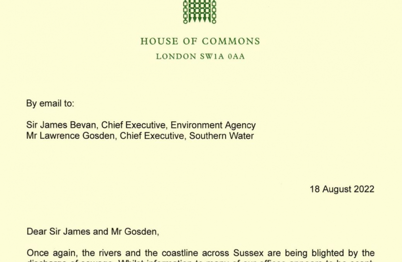 Letter to Southern Water and Environment Agency