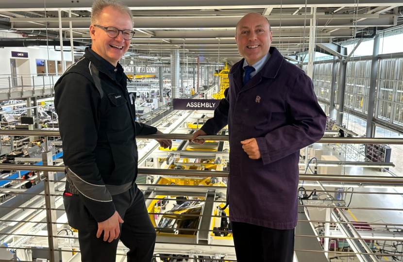 1.	Andrew Griffith MP with Gunther Boehner, Director of Manufacturing, on the bridge of Rolls Royce Motor’s assembly plant.