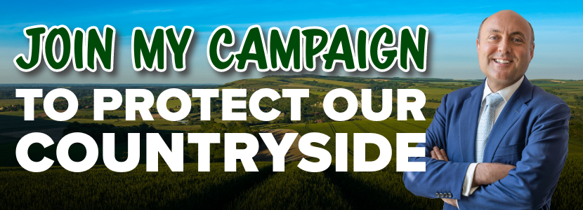 Graphic of Andrew standing in front of a background of the South Downs with text: Join my campaign to protect our countryside