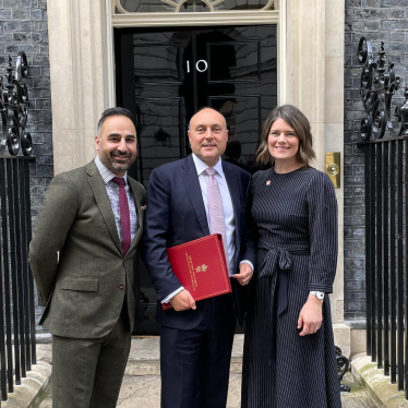 2.	Photo of Andrew Griffith MP welcoming Dementia Mission co-chairs, Hilary Evans and Nadeem Sarwar to 10 Downing Street